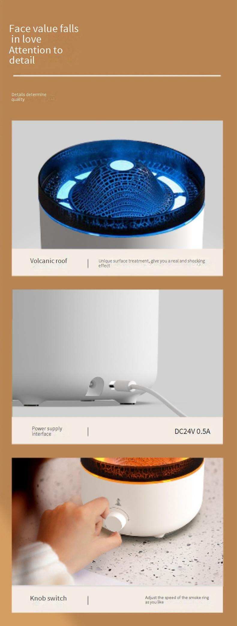 Volcano Flame Aroma Diffuser With Waterfall Mist & LED Mood Light – 560ml Large Capacity, Remote Control, 3 Nozzles, Crackle Finish, USB Powered_voghion.com