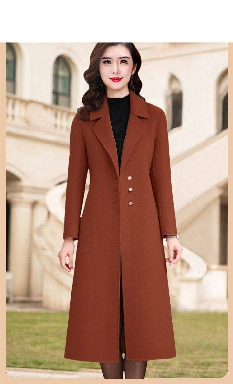Knielanger Trenchcoat aus Wollmischung mit Gürtel für Damen – Eleganter, lässiger Büromantel in Unifarben (Khaki, Burgunderrot, Kaffeebraun, Karamell)_voghion.com