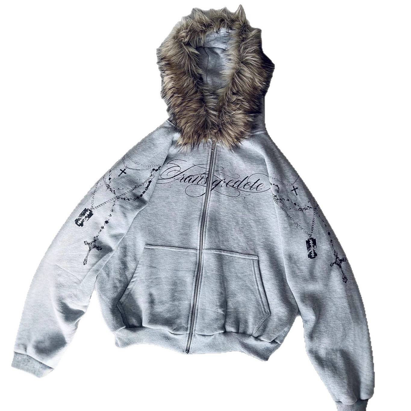 Unisex High Street Kapuzen-Sweatshirt mit Reißverschluss, abnehmbarem Kunstpelzbesatz und Grafikdruck – Übergroße Passform für Streetwear-Mode_voghion.com