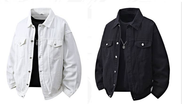 Herrenbekleidung Lose weiße Jeansjacke Herren Basic Einfache einfarbige vielseitige Strickjacke Schwarz Vibrato Herbst und Winter dicke Herrenjacke_voghion.com