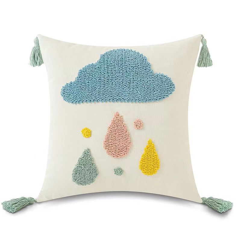 Fodera per cuscino trapuntata con disegni di sole, luna, arcobaleno e gocce di pioggia: arredamento morbido ed elegante per divano, letto, auto_voghion.com
