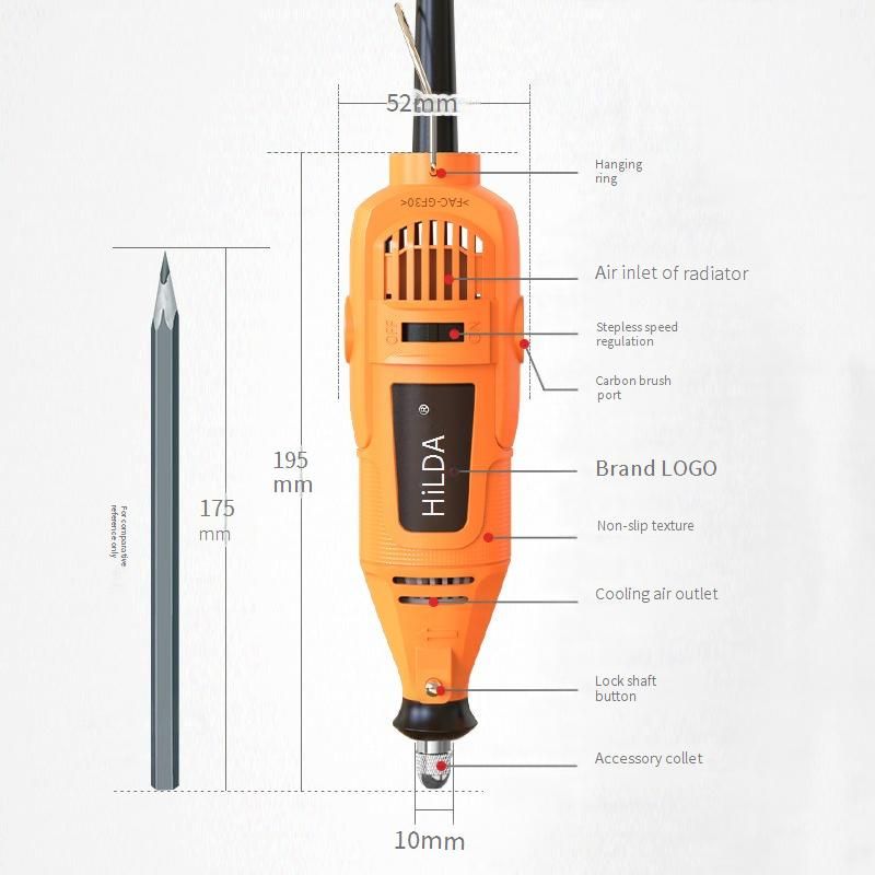Penna per incisione elettrica HILDA da 125 W con mandrino da 8 mm, velocità variabile da 15.000 a 40.000 giri/min, mola da 3,2 mm massima, albero morbido e accessori_voghion.com