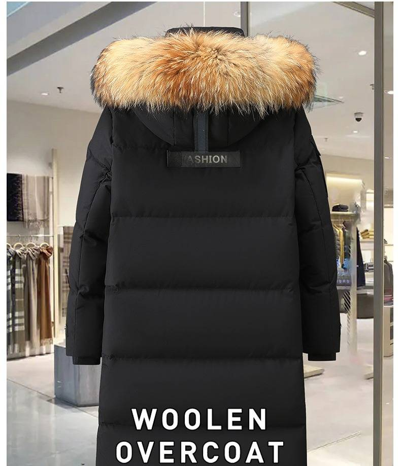 Langer Daunenmantel mit übergroßer Pelzkapuze – Knielange Winterjacke, 600FP weiße Gänsedaunen (Schwarz/Beige, Slim Fit, S-4XL)_voghion.com