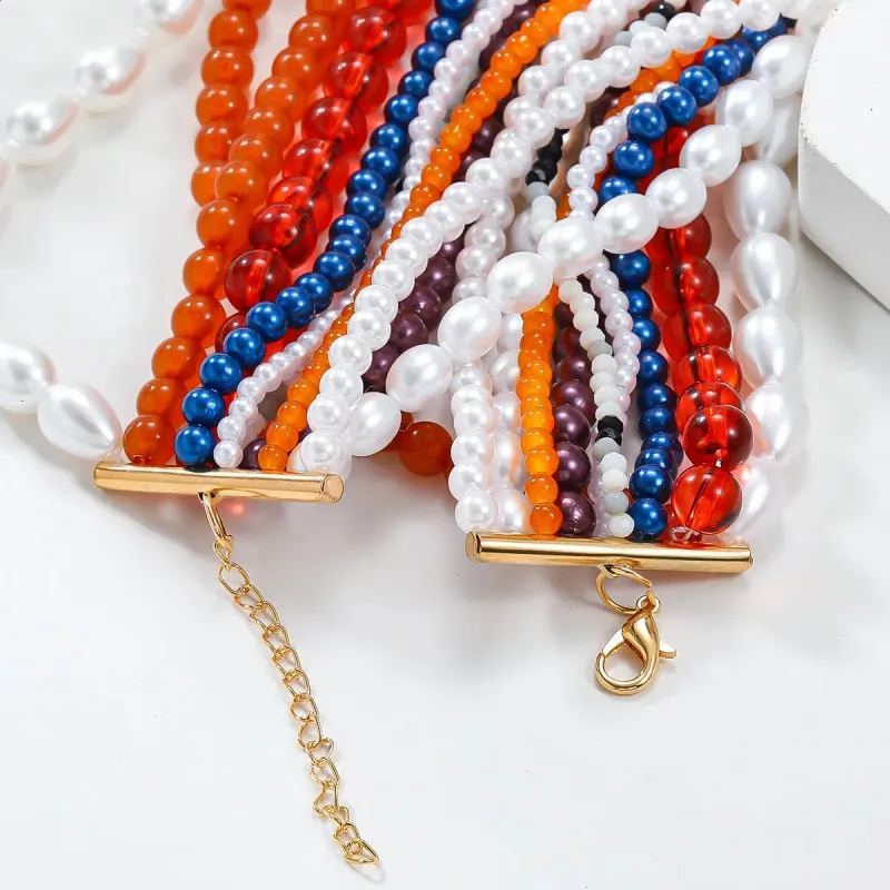 Collier ras du cou en perles multicolores pour femme, style bohème, à plusieurs rangs et pompons (réf. 240813)_voghion.com