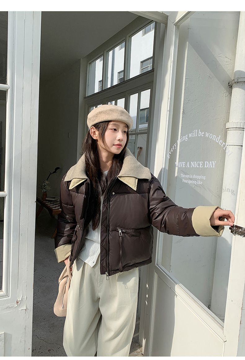 2024 European Knitted Short Down Jacket Women's Winter Fashion Splicing Doll Collar Cotton Coat Trend_voghion.com