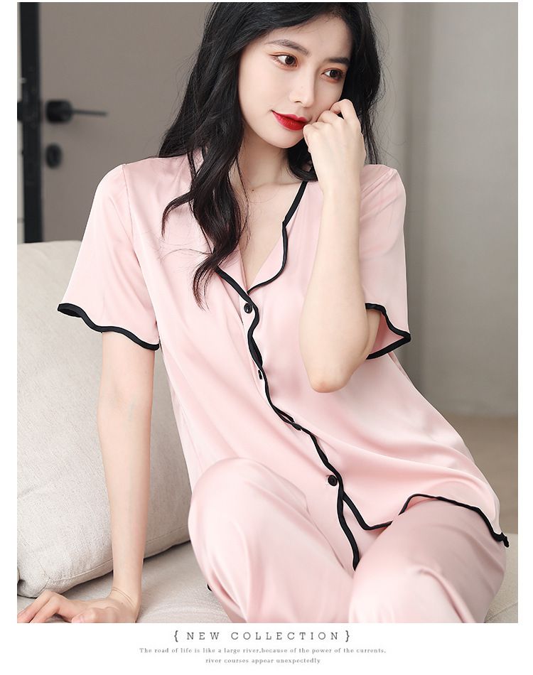 Nachtwäsche für Damen Seidenpyjama, kurzärmeliger Hosenanzug, große Größe, locker, einfarbig, mit Rüschen, lässige Heimkleidung_voghion.com
