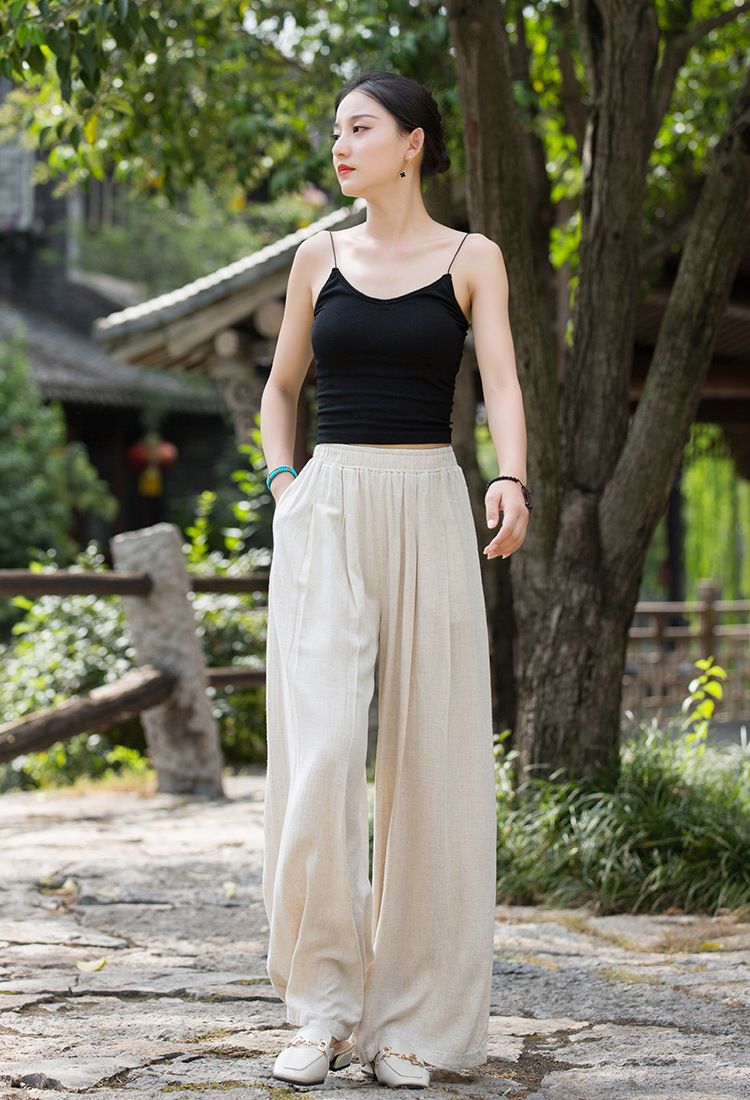 Women's Clothing Textured Linen Versatile Version Lengthen Legs Elegant and Chic Women's Skirt Pants Wide-leg Pants_voghion.com