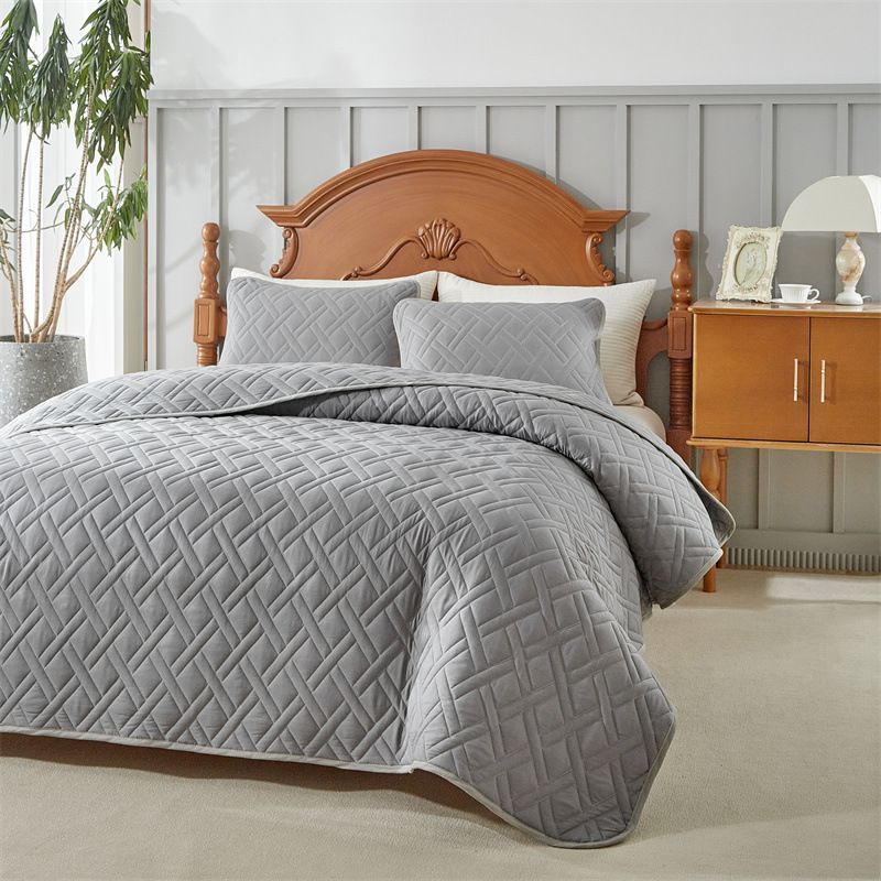 Gestepptes Tagesdeckenset in Leinenoptik – 3-teilig (mit genähtem Gittermuster, Füllung aus Baumwolle, inklusive passender Kissenbezüge, Queen-Size, knitterfrei)_voghion.com
