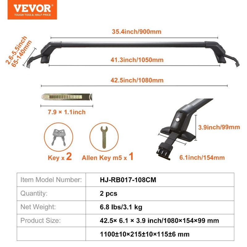 41.3 Lbs Adjustable Roof Universal Bars Aluminum Fit 155 Cross B Roof Crossbars Roof Rack Load Without Rail Side Rack Capacity_voghion.com