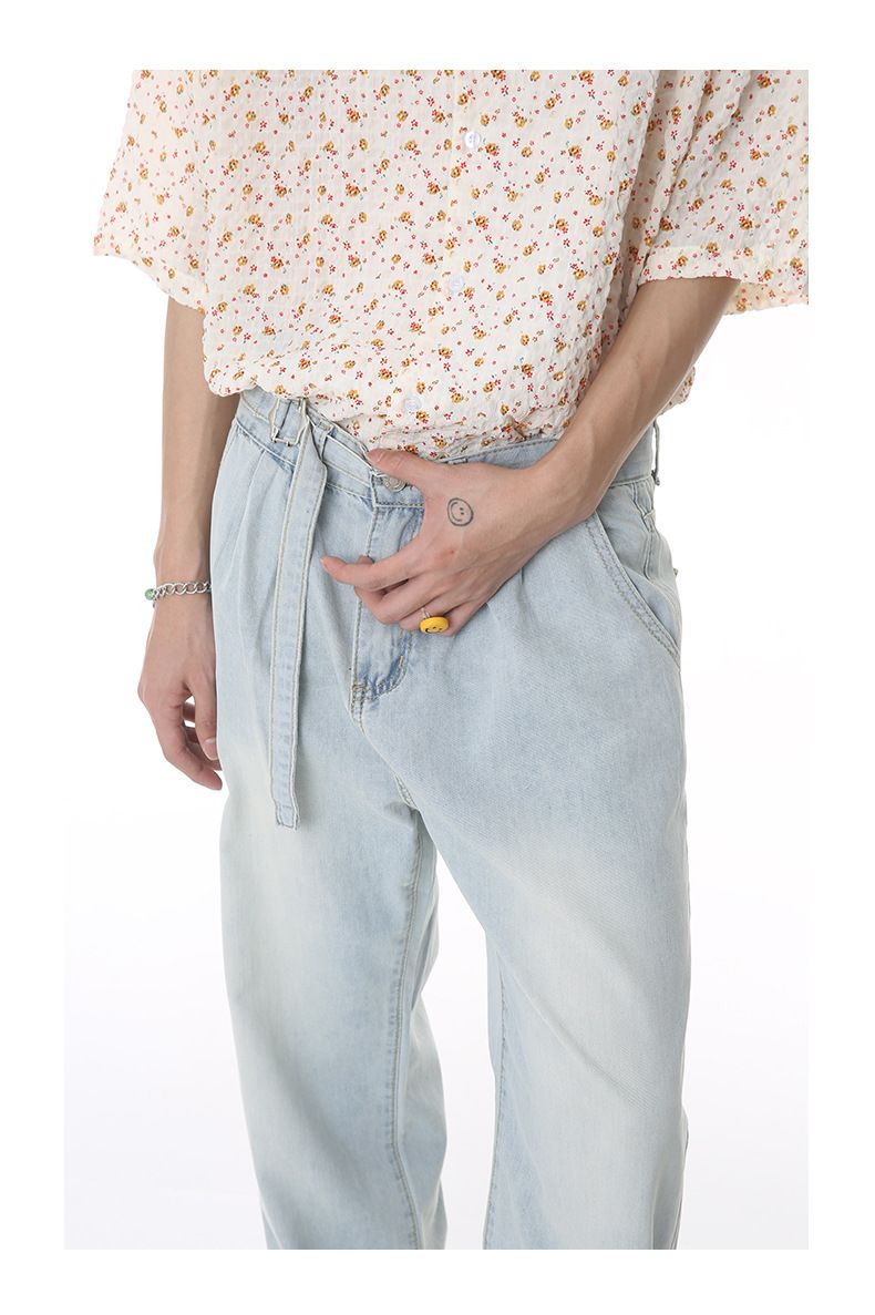 Men's Clothing | Summer New Loose Whitening Simple Belt Denim Pants Trend_voghion.com