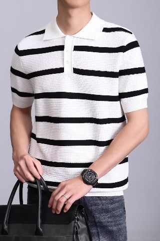 Maglietta a maniche corte in maglia a righe da uomo, casual da lavoro, in seta ghiacciata con risvolto, a mezza manica_voghion.com