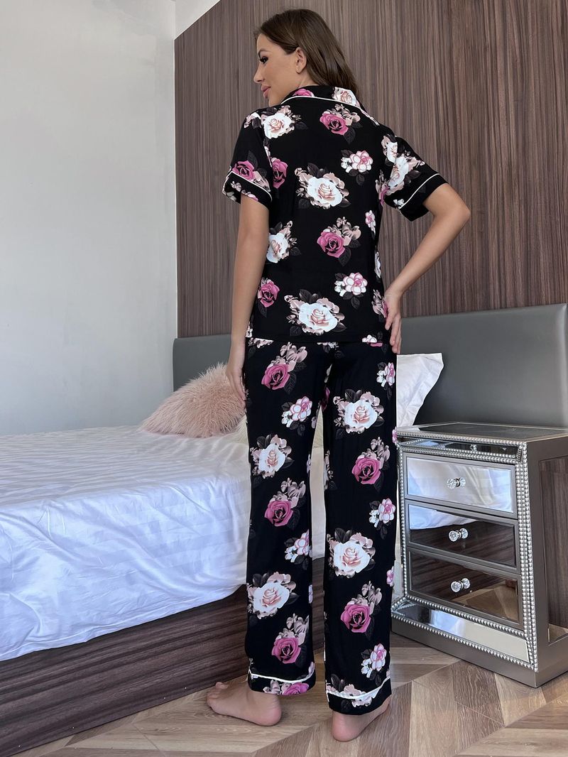Pyjama Dames Zomer Plantenprint Korte Mouw Shirt Lange Broek Tweedelige Set Huiskleding Pamas_voghion.com
