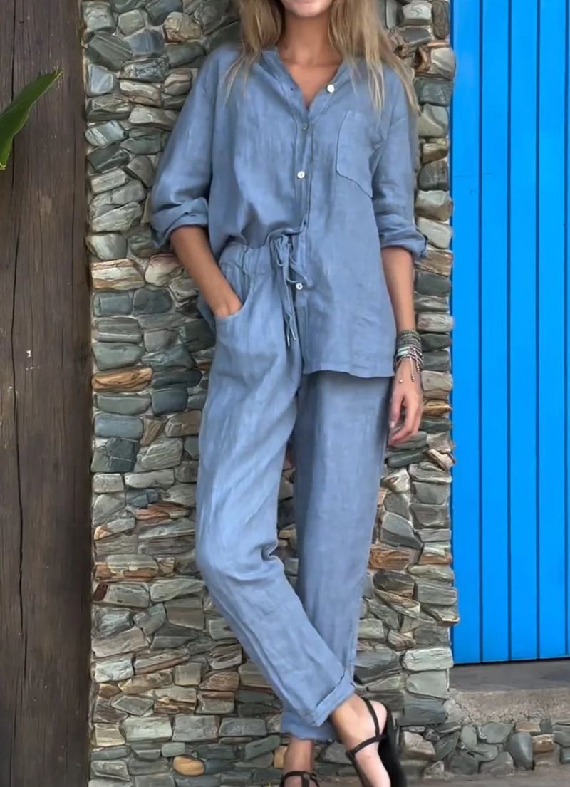 Abbigliamento da donna, completo due pezzi in cotone e lino, taglie forti, pantaloni larghi a vita alta_voghion.com