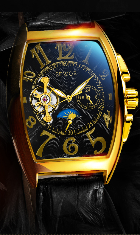 Montre mécanique noire pour homme de marque SEWOR 677 avec bracelet en cuir véritable de qualité supérieure et ensemble de montres à tourbillon volant 24 heures_voghion.com