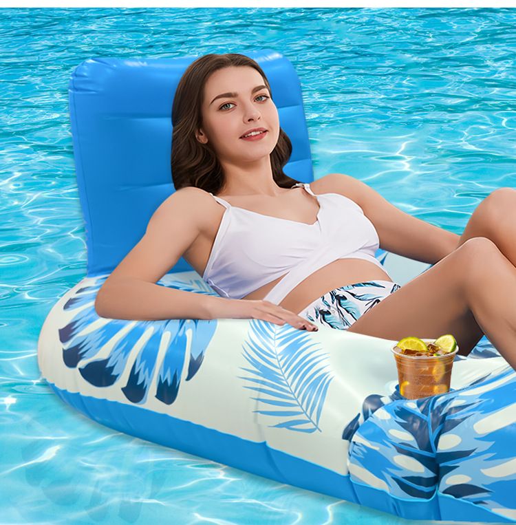 Double-Hole Leaf Print Inflatable Pool Lounge Chair With Mesh Back - Breathable & Comfortable Floating Bed (Heavy-Duty PVC Quick-Dry Fabric)_voghion.com