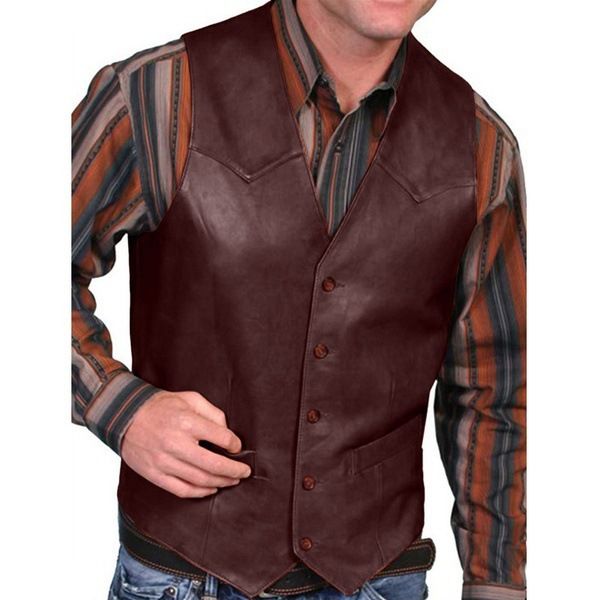 Gilet rétro pour homme, style européen et américain, costume de scène, col rond décoratif, manches courtes, style chasseur décontracté_voghion.com