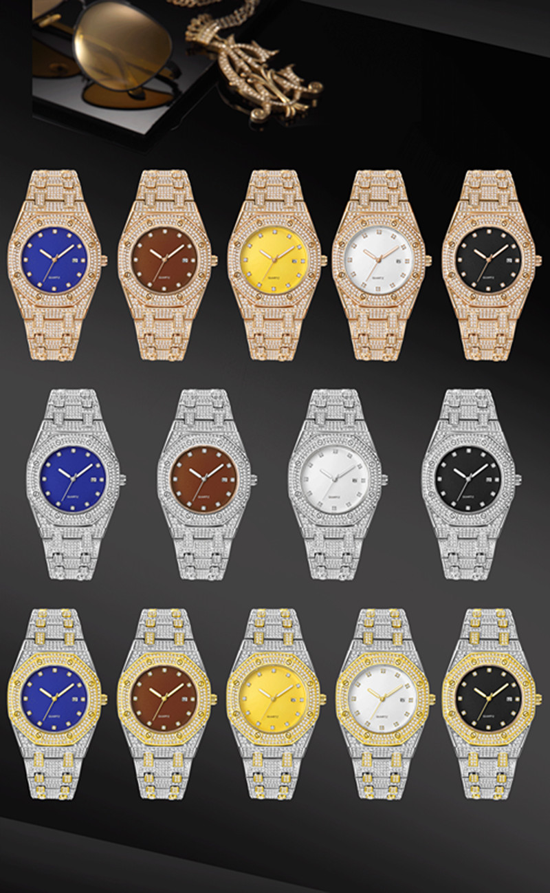 Män Hip Hop Diamond Golden Brand Date Quartz klockor_voghion.com