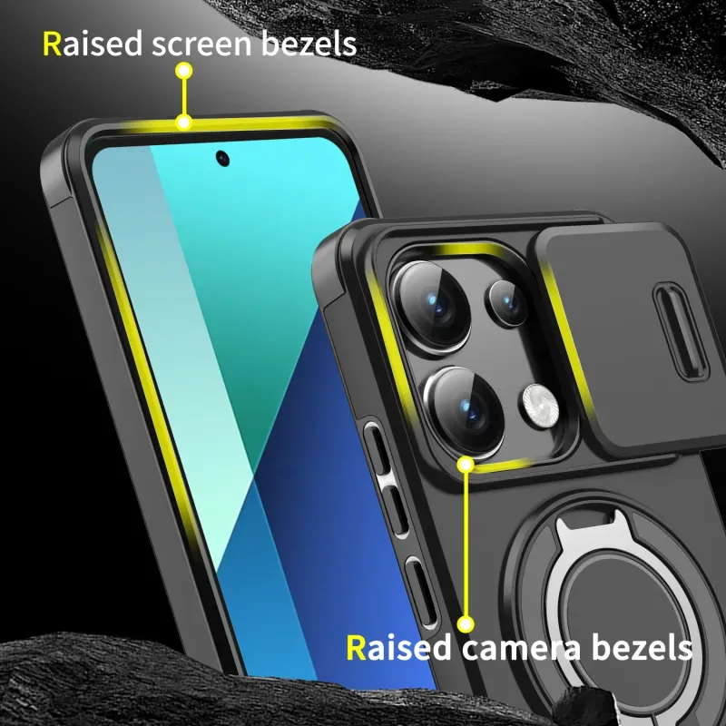 Capa magnética à prova de choque para Redmi Poco X6 Pro Slide Camera Lens 360° Metal Ring Stand Protect Cover para Redmi 13 K70E Case_voghion.com