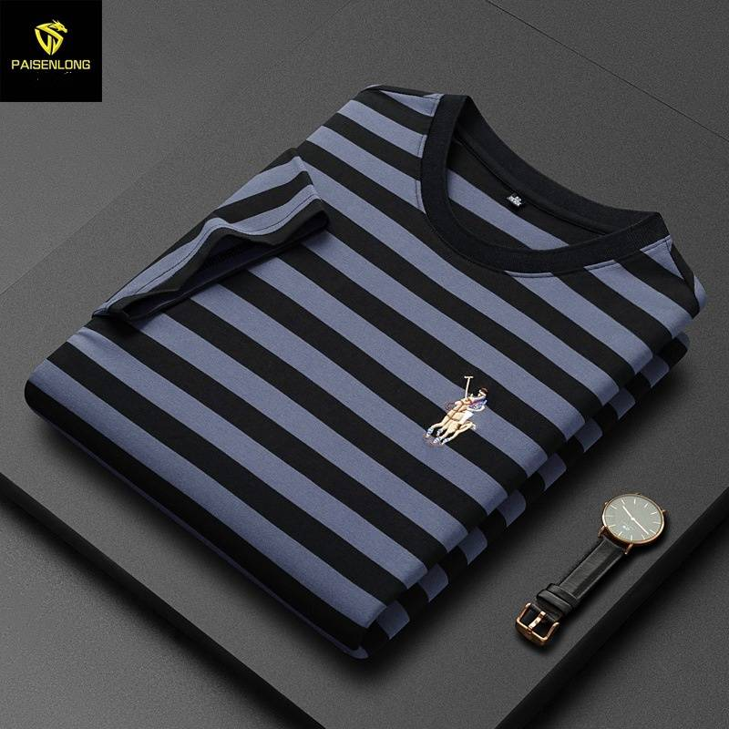Herrenbekleidung Sommer Gestreiftes Herren Neues Kurzarm-T-Shirt Herren Kurzarm-Oberteil mit besticktem Revers_voghion.com