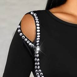 Abito da donna con spalle scoperte e glitter e maniche a sbuffo – Abito corto sexy per feste, serate fuori e appuntamenti (poliestere stampato nero)_voghion.com