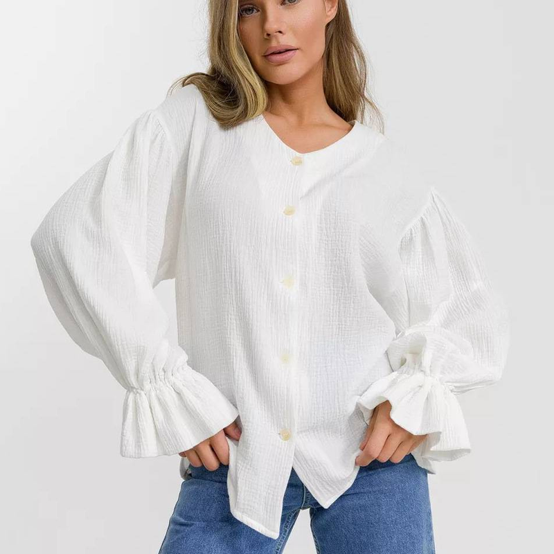 Oversized V-Neck Blouse For Women, Plus Size & Relaxed Fit Button-Down Shirt, Breathable Stretch Fabric For Work & Casual Wear In Soft_voghion.com