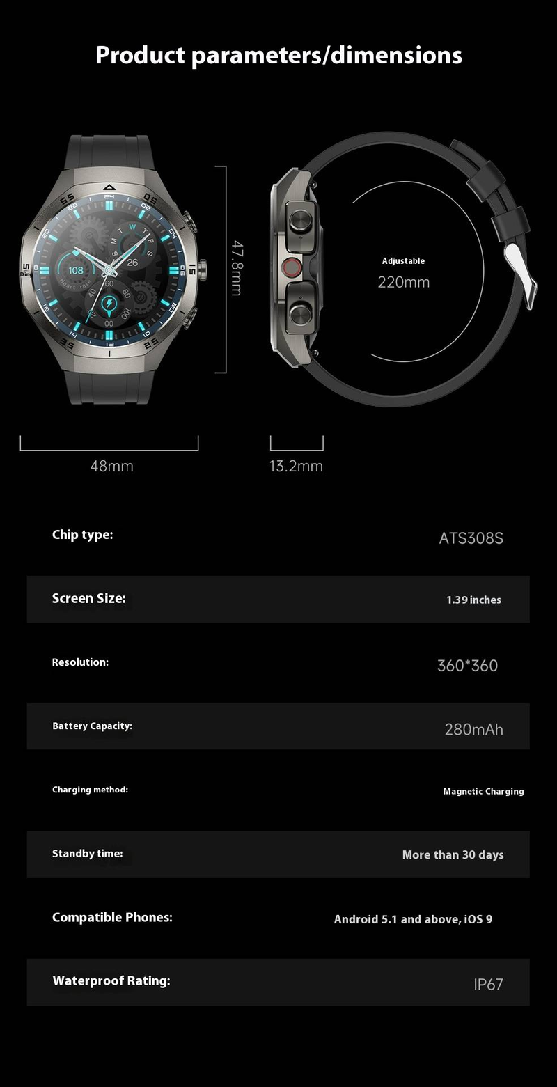 Smart Watch With Bluetooth Earphones 2-in-1, Fitness Tracker With Heart Rate Monitor, Sleep Tracking, Music Playback, NFC,_voghion.com