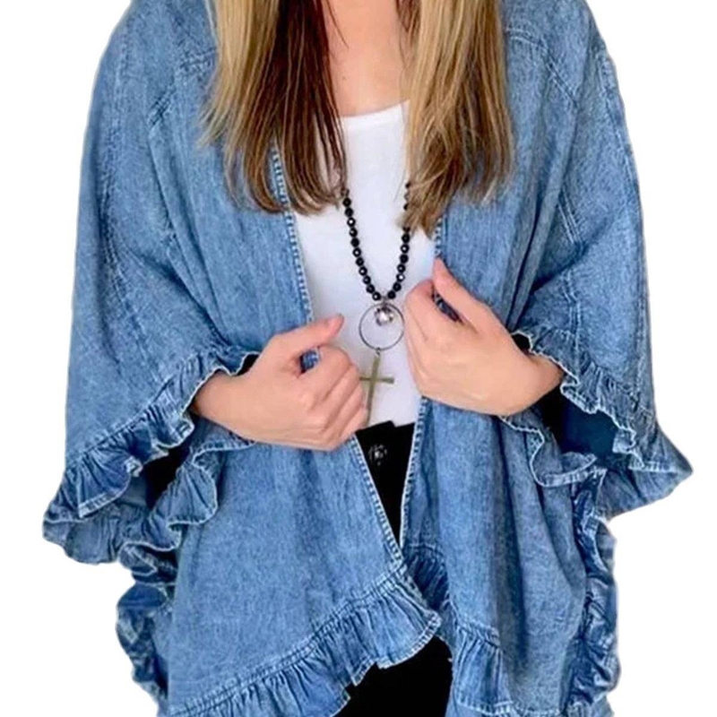 Women's Clothing Denim Cape Jacket With Flounce Hem – Stylish Batwing Sleeve Open Front Cardigan For Fall_voghion.com