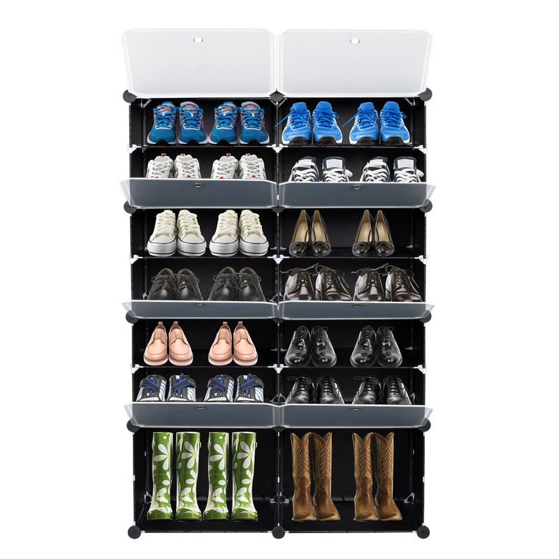 Étagère à chaussures portable à 7 niveaux, 28 paires, 14 compartiments, extensible, pour talons, bottes, pantoufles, noir_voghion.com