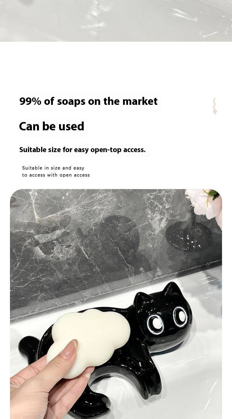 Bezaubernde Seifenschale in Katzenform – Keramik, rutschfest und mit Wasserablauf für das Badezimmer (süßer Cartoon-Seifenhalter, dekorativ und funktional)_voghion.com