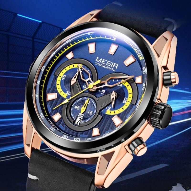 Orologio cronografo da uomo autentico con triplo quadrante, lancette luminose, datario e resistenza all'acqua fino a 30 m - Cinturino in pelle di alta qualità_voghion.com