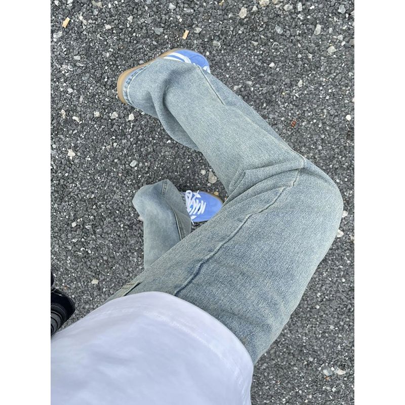 Herenkleding High Street Stijl Strakke pasvorm Slim Straight Leg Lightning Wash Jeans Slim Straight Bootcut Denim Broek Voor Zomer Casual Streetwear_voghion.com