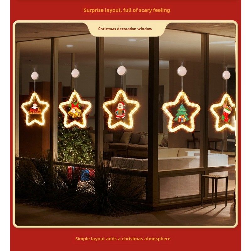 Weihnachtsarrangement Pentagramm Pferderennen Hängeleuchten LED-Leuchten Fenster Atmosphäre Dekoration Anhänger Saugnapf Licht_voghion.com