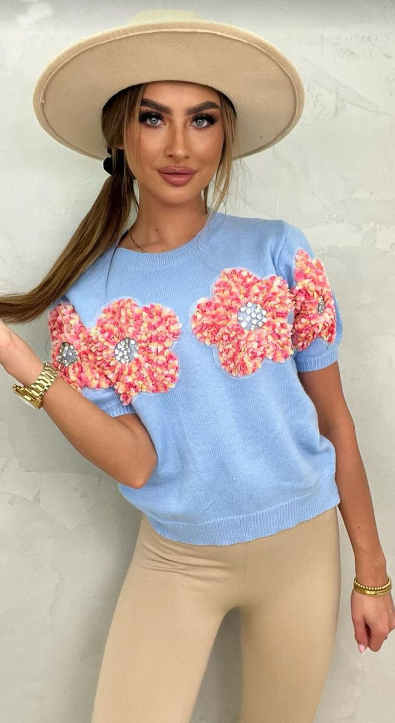 Abbigliamento donna Maglione girocollo a maniche corte con fiori a contrasto di colore rosa dolce_voghion.com