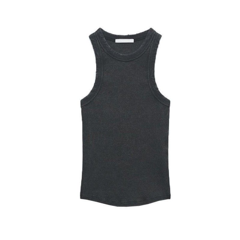 TAOP&ZA - Camiseta básica de primavera para mujer, estilo americano, con espalda nadadora y ribete de canalé lavado 3253301_voghion.com
