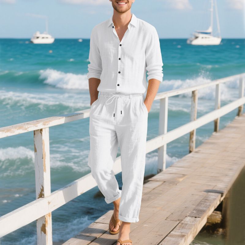 Completo camicia da uomo casual in lino con maniche lunghe, stile americano, sottile, autunno-inverno_voghion.com