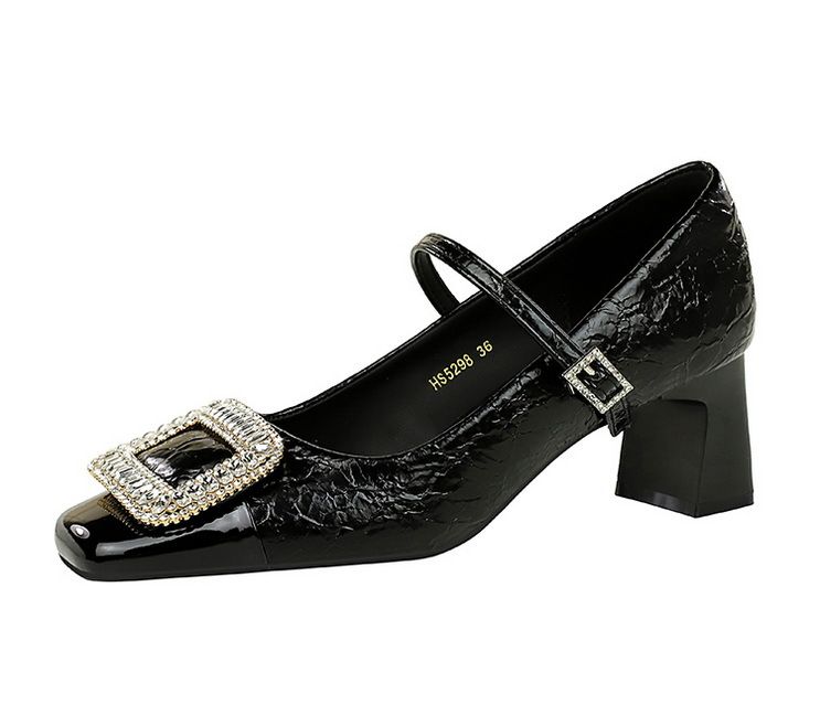5298-K32 Scarpe da banchetto da donna con tacco medio grosso, punta quadrata, cinturino con fibbia in metallo con diamanti e bocca leggera, con blocchi di colore_voghion.com