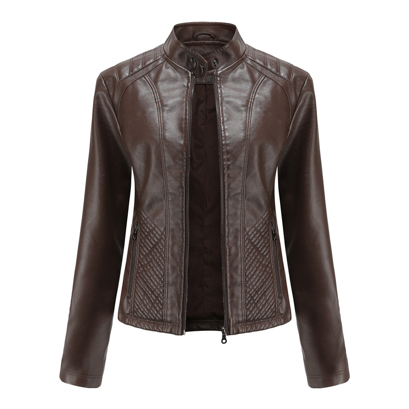 Giacca da motociclista a maniche lunghe, giacca casual in pelle da donna_voghion.com