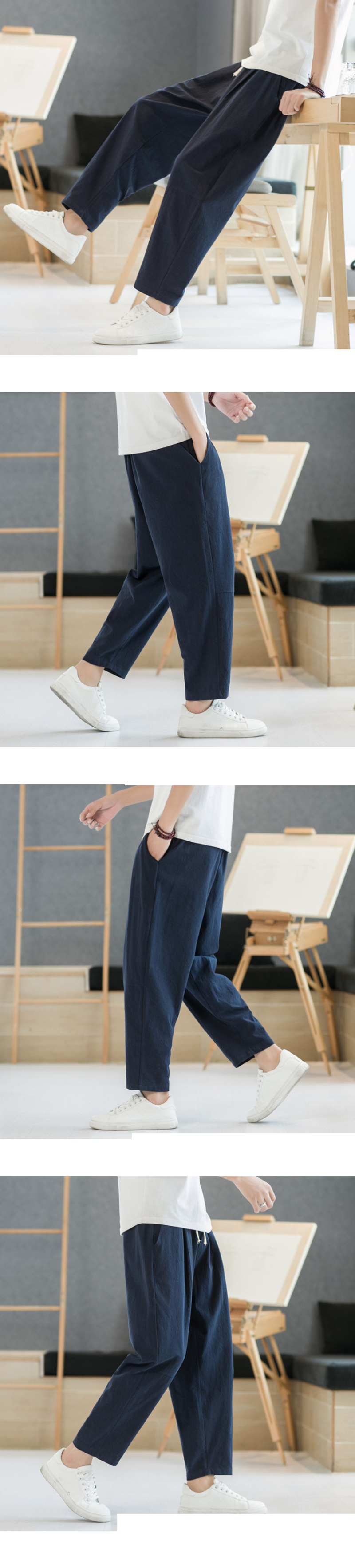 Herrenbekleidung Sommer Freizeithose Herren Leinen lose Leinenhose neun Punkte lange Hose gerade Beinhose_voghion.com