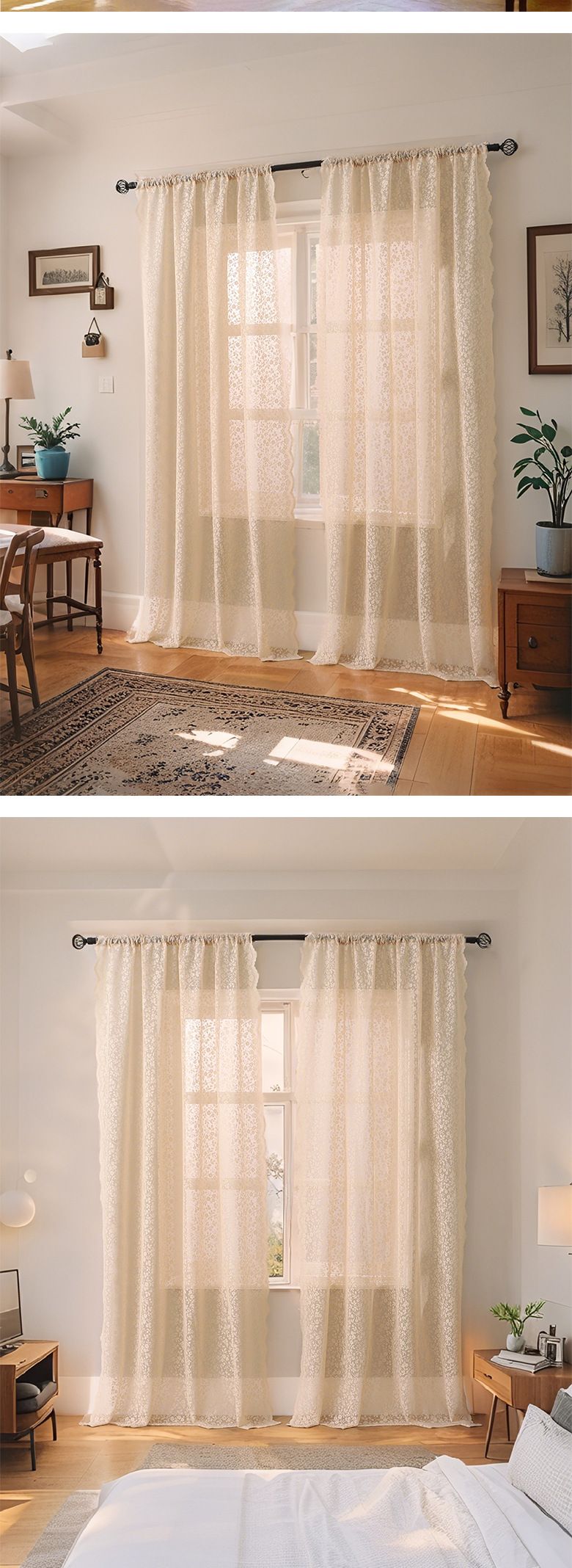 Franska krämfärgade transparenta gardiner - Vita voilegardiner för vardagsrum och sovrum (ljusfiltrerande, inte genomskinliga, färdiga, bohemisk chic-stil)_voghion.com