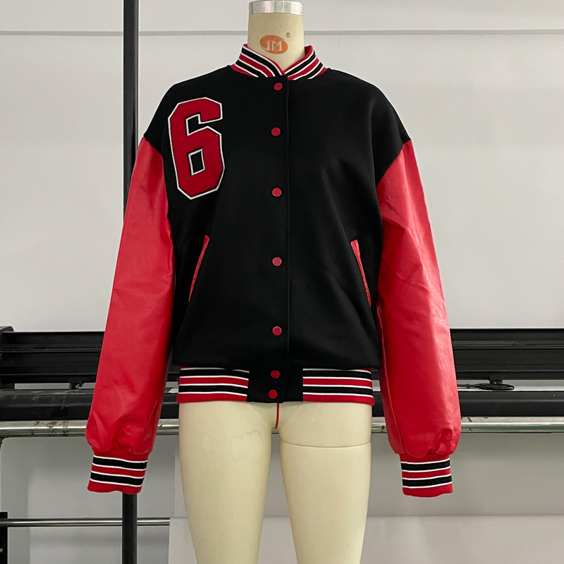 Chaqueta de béisbol engrosada de lana con letras para mujer_voghion.com