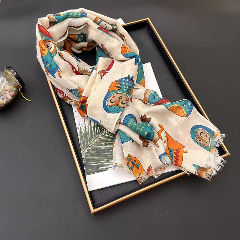 Nuova sciarpa in lino e cotone dal design originale femminile con gufo, protezione solare senior, scialle a sezione sottile, telo mare da viaggio primaverile ed estivo_voghion.com