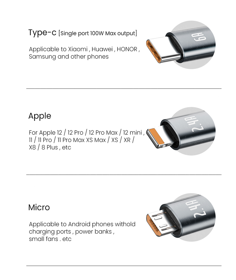 100W 6A 3 az 1-ben 2 az 1-ben gyors USB kábel Huawei/Honor készülékekhez, visszahúzható, hordozható 3 az 1-ben Micro USB C típusú töltőkábel F_voghion.com