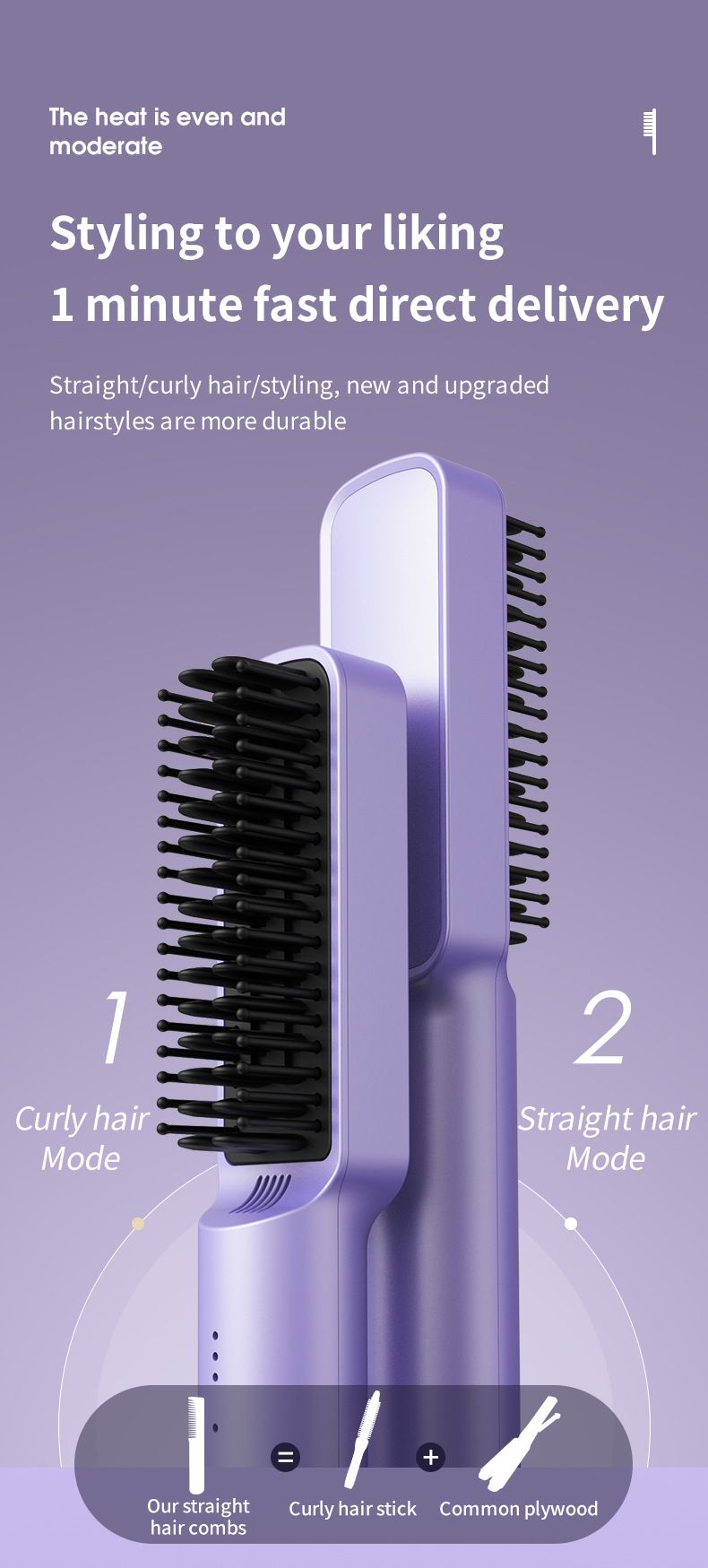 Mini Hair Straightener Brush - Negative Ion Detangling Comb For Quick Styling_voghion.com