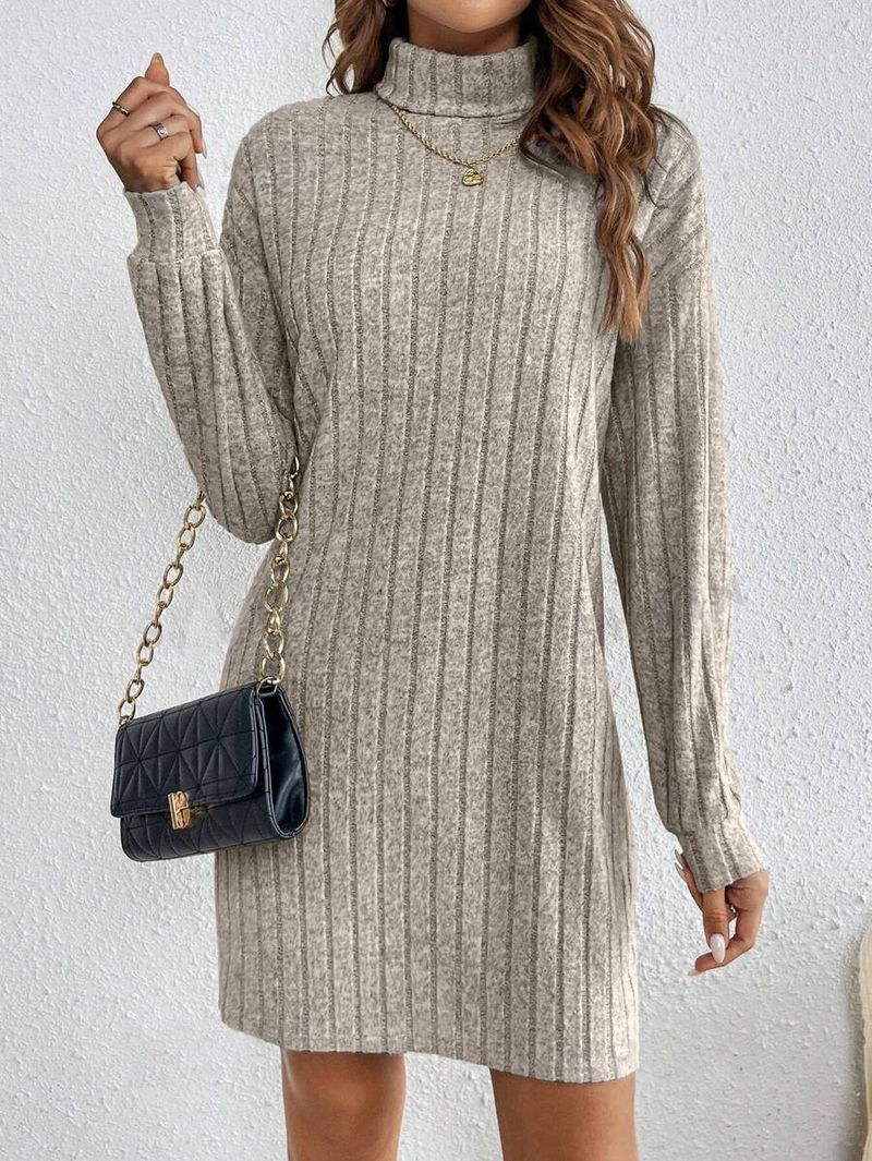 "Damen-Strickkleid mit hohem Halsausschnitt – Locker sitzendes, langärmliges, einfarbiges Freizeitkleid für Herbst und Winter"_voghion.com
