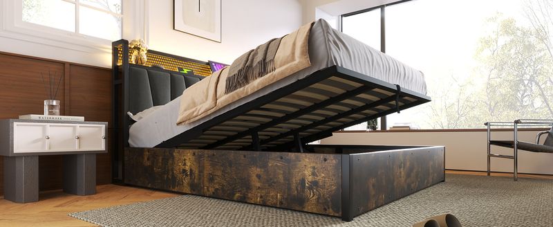 Cadre de lit en métal Polsterbett avec contrôle par application LED, chargement USB, éclairage de la tête de lit, lit double 180 x 200 cm (sans matelas)_voghion.com