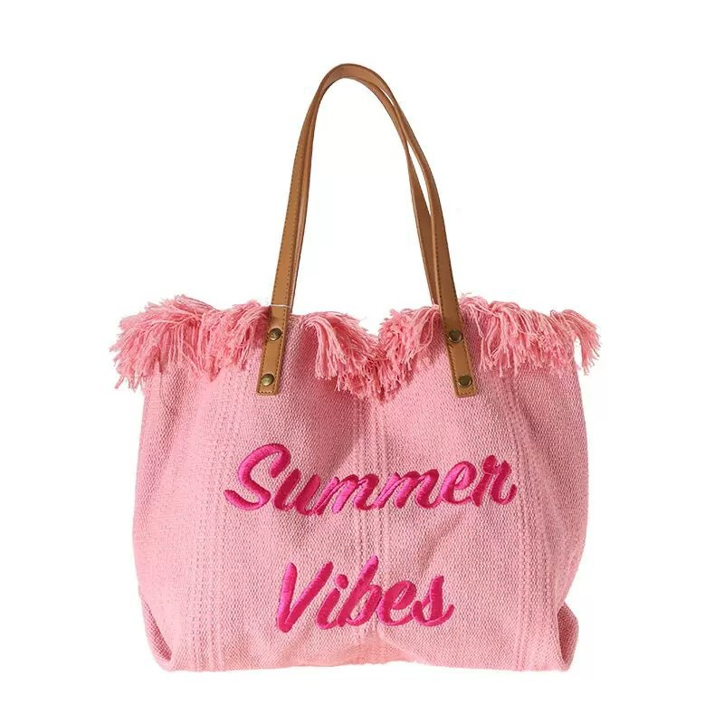 Borsa a mano in tela con lettere ricamate, grande capacità, borsa a tracolla da spiaggia intrecciata da donna_voghion.com