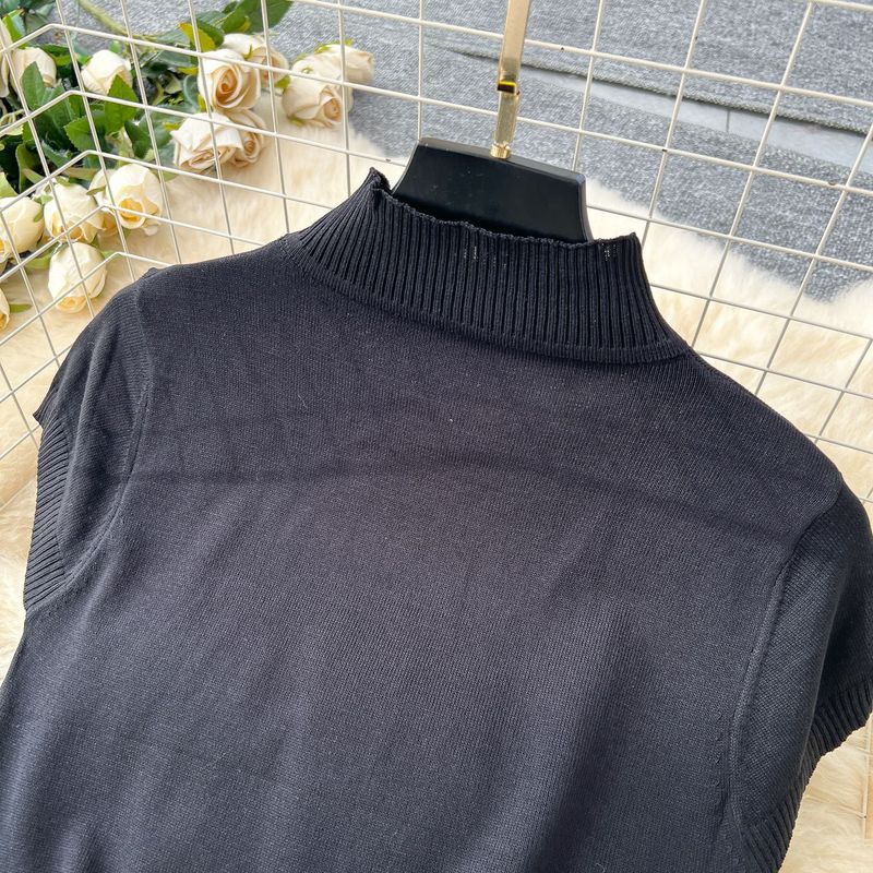 Women's Clothing Two Piece Suit High Collar Short Sleeve Knitted Top High Pleated Skirt Suit_voghion.com