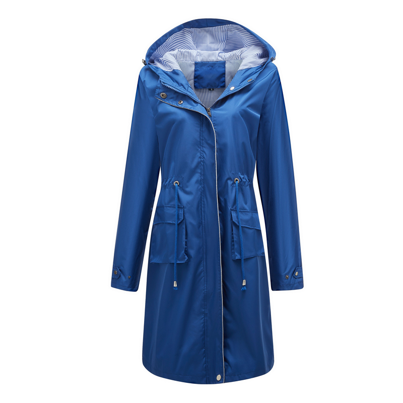 Trench casual da donna K Long con cappuccio, impermeabile, tinta unita con fodera a righe, cappotto dritto._voghion.com