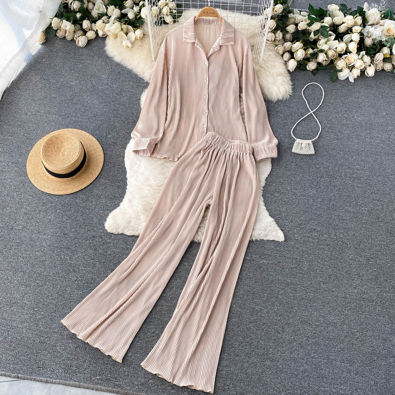 Elegant zweedeelegt Kostüm fir Fraen, Summermoud, modesch laangärmlech Hemdtop, 1-Taille-Drapéierung Casual Hosen_voghion.com