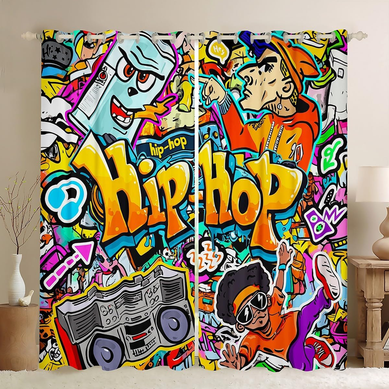 Kids Boys Teens Hip Hop Decor Window Curtains Graffiti Graphic Blackout Curtain Street Culture Window Treatments_voghion.com